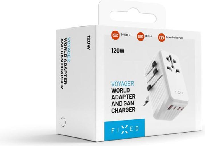 Actual product image Fixed Voyager World Adapter, 3xUSB-C/1xUSB, GaN, 120W, white