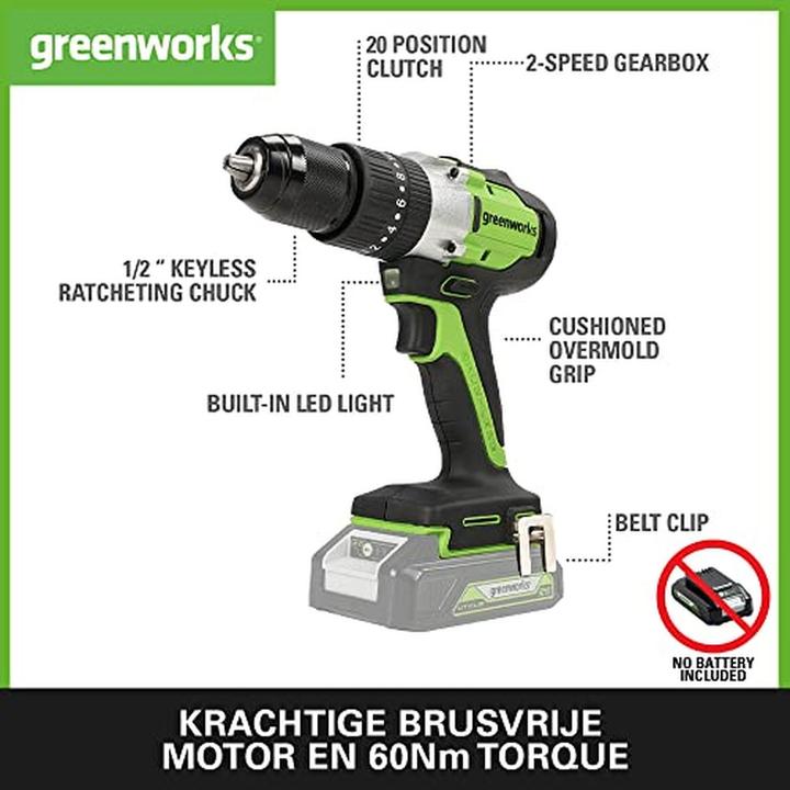 Immagine prodotto Greenworks GD24DD60 avvitatore / trapano a batteria (60N.m) 24V senza batteria e caricatore