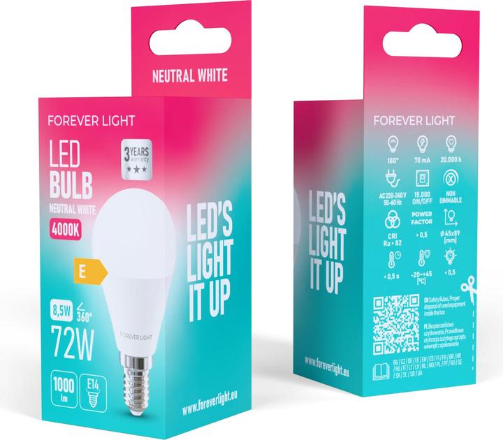 Produktbild Forever Light LED Bulb E14 G45 8.5W 1000lm 4000K class E (E14, 1000 lm, 100x)