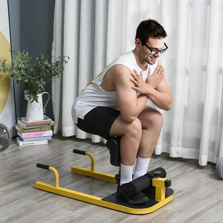 Produktbild Homcom Sissy Squat 3 in 1 Bein-Bauch-Gesäss-Trainer verstellbar bis 120 kg Stahl Gelb+Schwarz 50x97x44,5–56