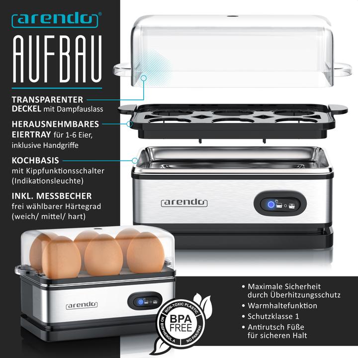 Produktbild Arendo Frühstücks Set, Edelstahl Wasserkocher 1,5l mit Temperatureinstellung & Eierkocher 1-6 Eier, Silber