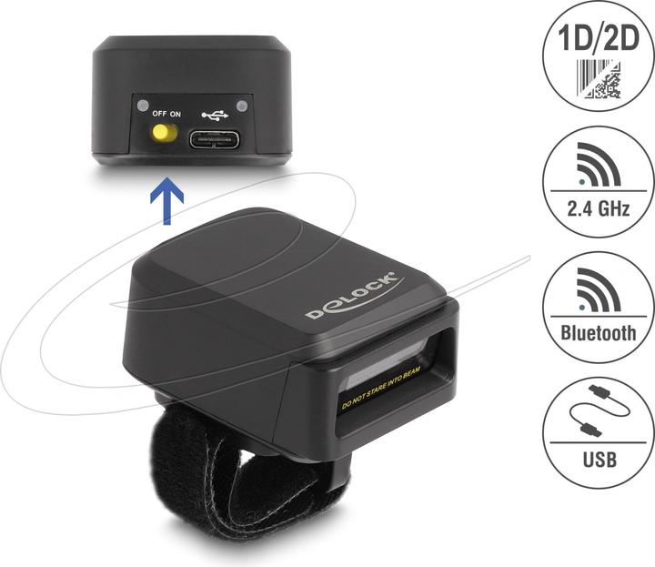 Produktbild Delock Ringbarcode Scanner 1D und 2D mit 2,4 GHz oder Blueto (1D-Barcodes, 2D-Barcodes, QR-Code)