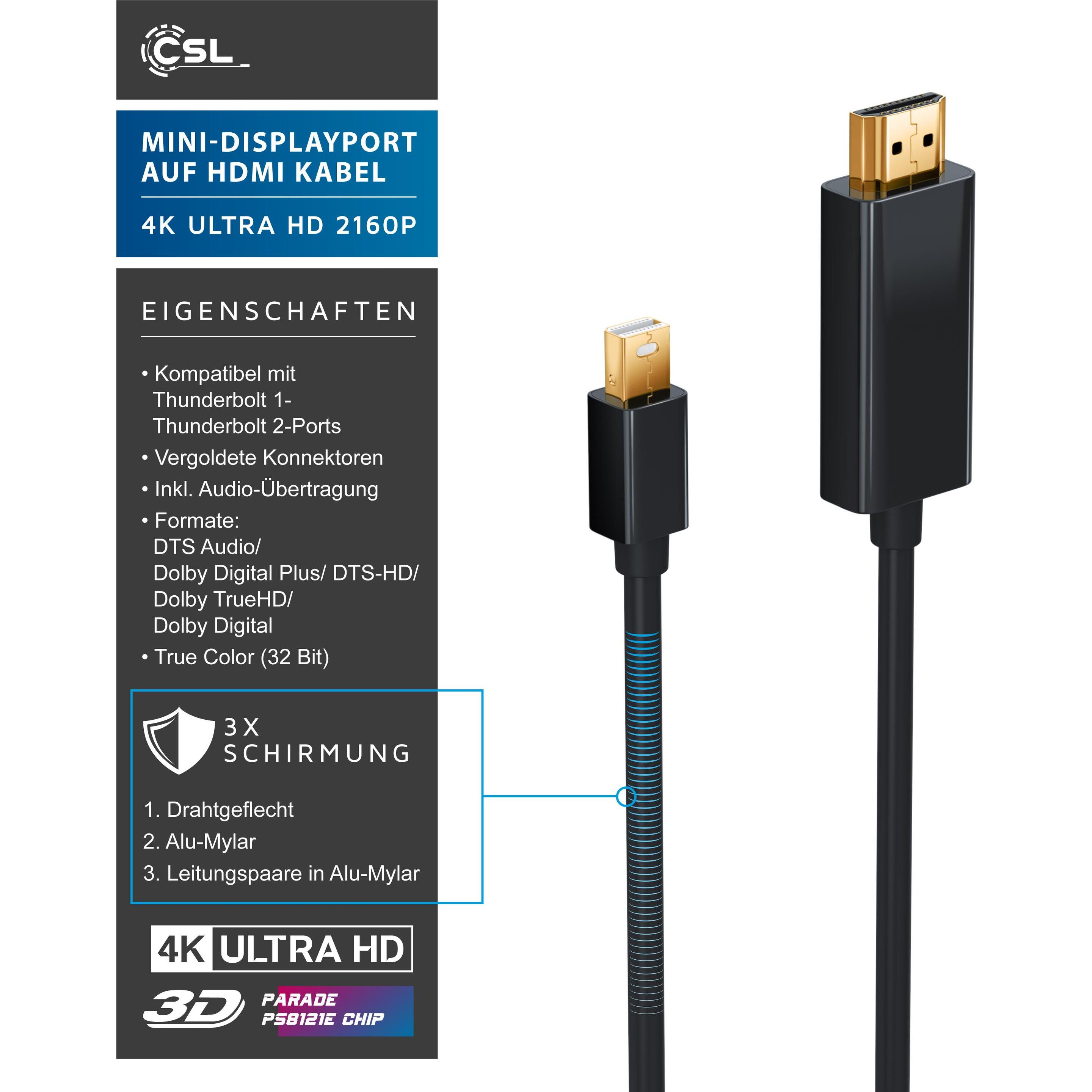 Thumbnail - CSL 4k Mini Displayport auf HDMI Kabel Thunderbolt 1- und Thunderbolt 2 Ports 4K Ultra HD 2160p (2 m, DisplayPort, HDMI)...