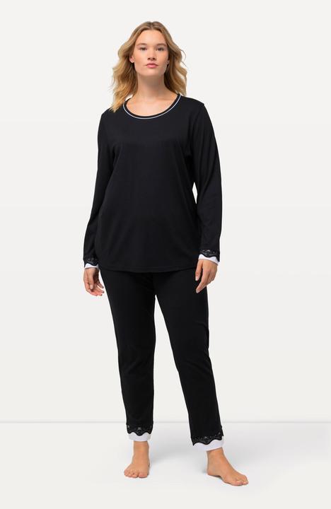 Immagine prodotto Ulla Popken Damen grosse Grössen Pyjama, Spitze, Rundhals, Langarm schwarz 62+ 812441100-62+ (62)