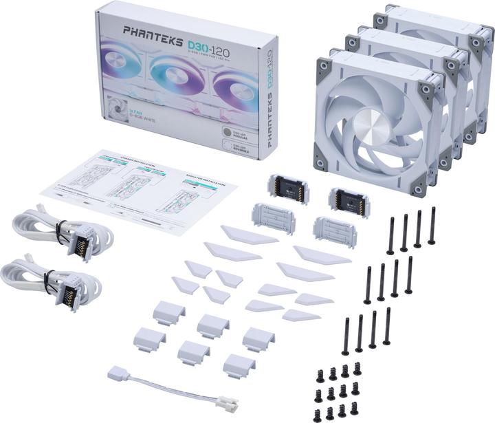 Immagine prodotto Phanteks Ventola D30 PWM a flusso d'aria regolare D-RGB, confezione da 3 - 120 mm, bianca (120 mm, 3 x)