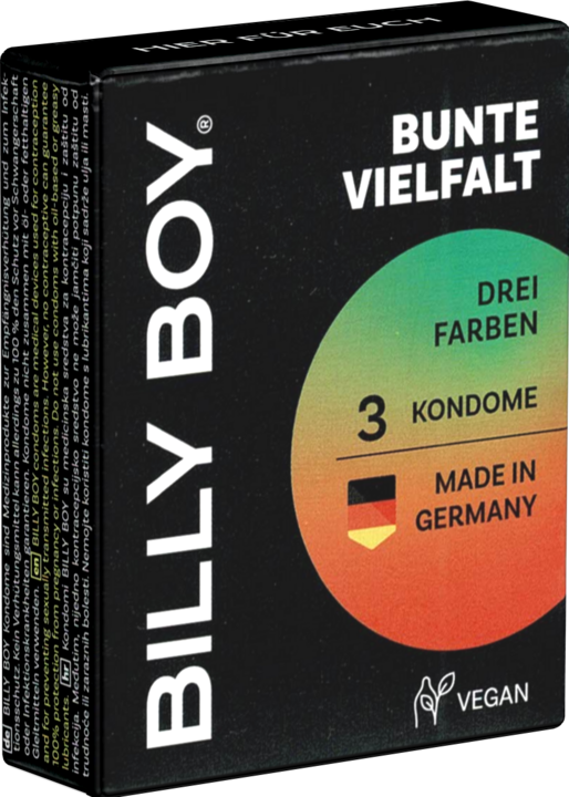 Actual product image Billyboy Billy Boy Bunte Vielfalt, 3 Kondome in Rot, Schwarz und Grün, 52 mm, hergestellt in Deutschland. (3 pcs.)