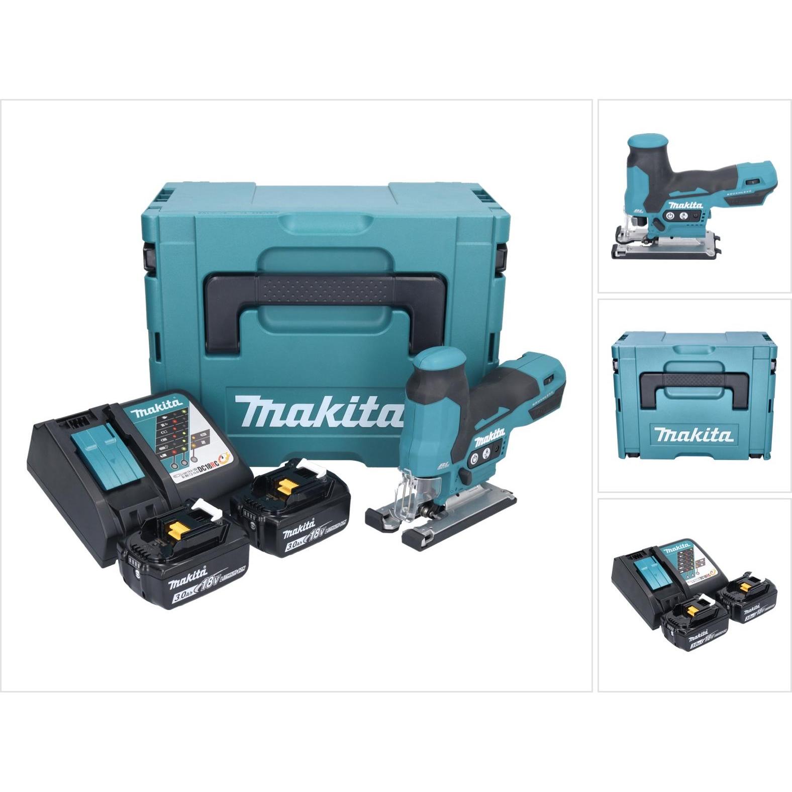 Makita, Stichsäge, DJV 185 RFJ Akku PendelhubstichsÃ¤ge 18 V Brushless + 2x Akku 3,0 Ah + LadegerÃ¤t + Makpac