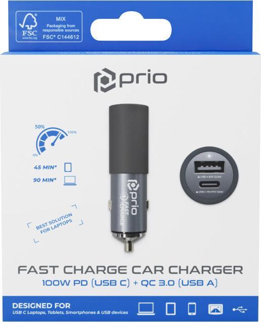 Actual product image prio Fast Charge Car Charger 100W PD (USB C) + 22.5W (USB A) black