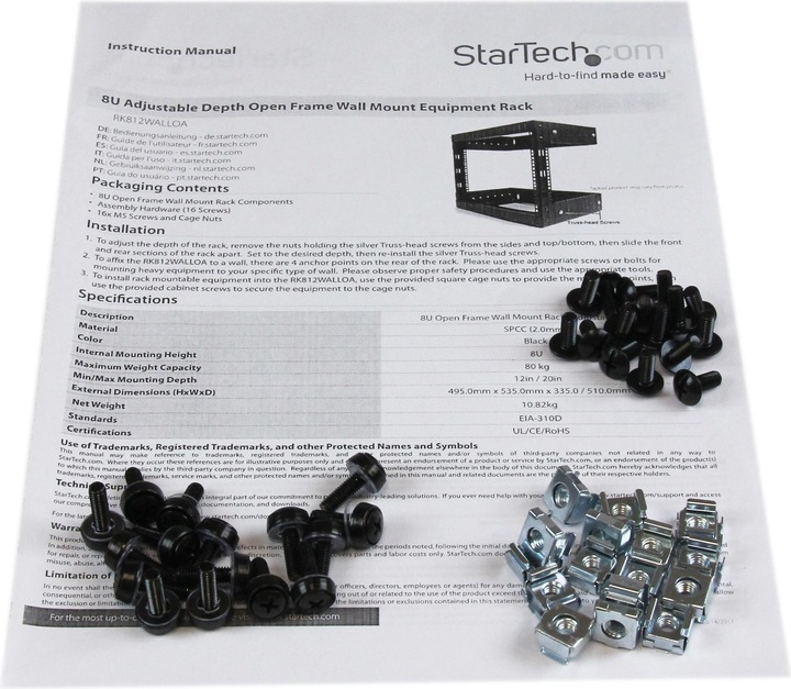 Produktbild StarTech 8HE 19 Zoll Open Frame Geräte Rack Wandmontagefähig - 30cm Tief - Wall Mount Rack aus Stahl (8 HE, 19 Zoll Rack)