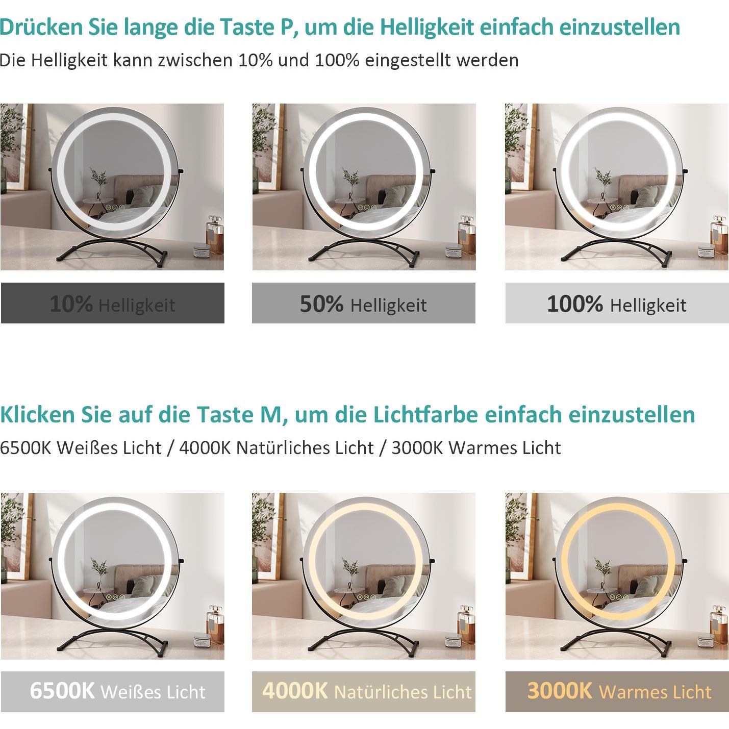 Thumbnail - Emke, Kosmetikspiegel, Kosmetikspiegel Runder mit Beleuchtung, 3 Farbtemperatur und Dimmbar, 360° Drehbar, 50cm, Schwarz