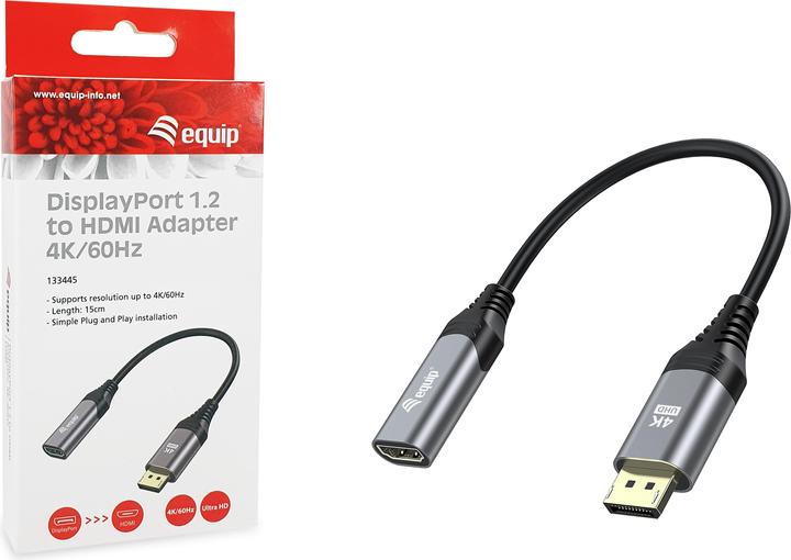 Image du produit equip Adaptateur Displayport->HDMI 1.2 mâle/femelle 4K/60Hz gris (HDMI, 15 cm)