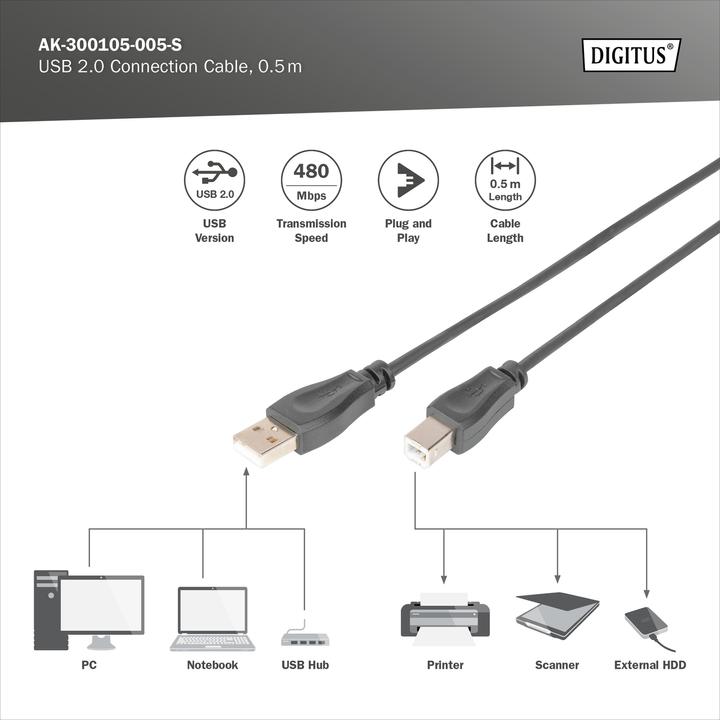Produktbild Digitus USB2.0 Anschlusskabel, 0,5 m (0.50 m, USB 2.0, 2.50 W)