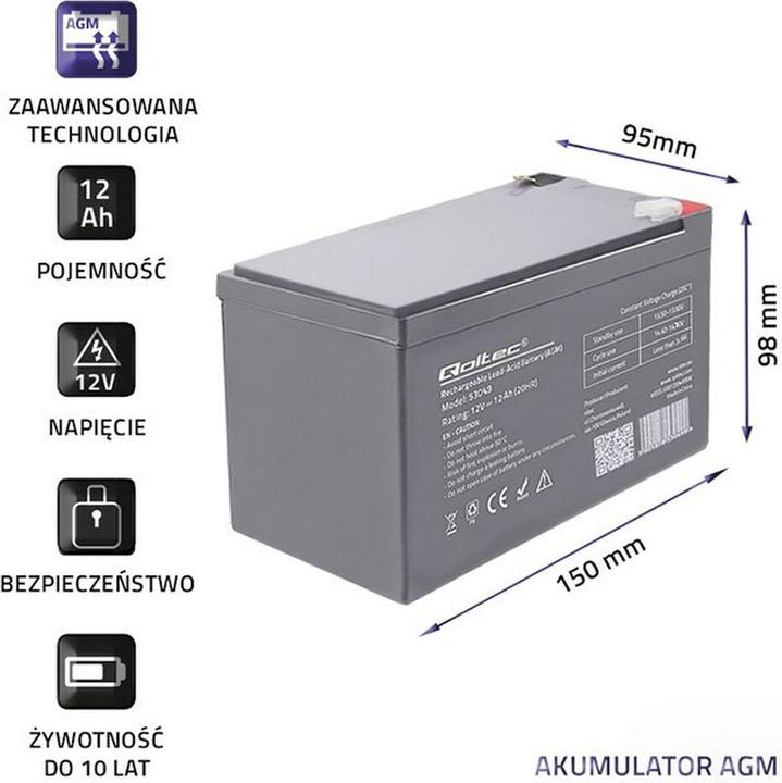 Actual product image Qoltec 53049 AGM battery| 12V| 12Ah - Battery - 12.000 mAh (12 V, 12 Ah)