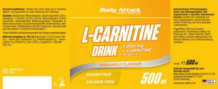 Nährwerte und Zutaten Body Attack L-Carnitine Drink (18x 500 ml) (Ananas, 18 x)