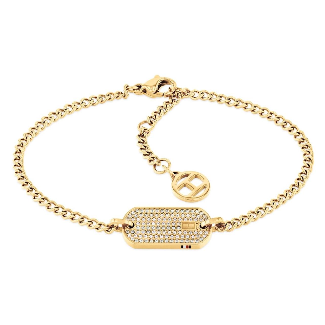Tommy Hilfiger, Armbanden, Vergulde Damesarmband Met Kristallen Dog Tag 2780864, (19 cm, Roestvrij Staal)