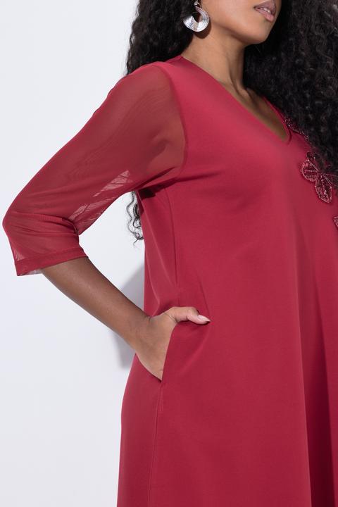 Image du produit Ulla Popken Robe en point de Rome, fleurs en paillettes sequins, décolleté en V, manches 3/4 et poches (50, 52)