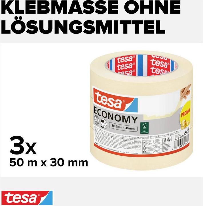 Produktbild tesa 3x Malerband ECONOMY Abdeckband, Dreierpack (30 mm)