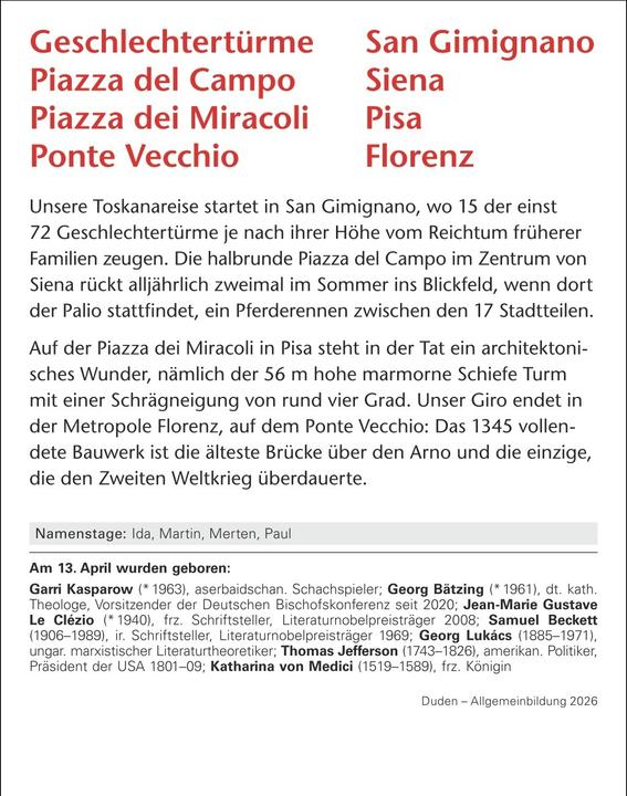 Produktbild Harenberg Duden Allgemeinbildung Tagesabreisskalender 2026 - Wissen und Quizzen
