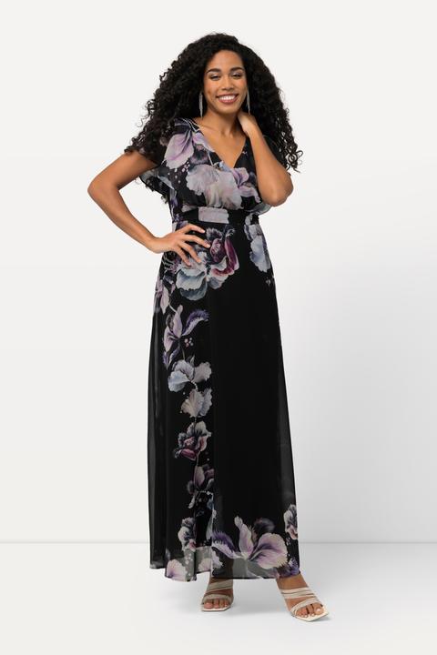 Produktbild Ulla Popken Maxikleid, Chiffon, Blüten, A-Linie, V-Ausschnitt, Ärmel-Volant (50, 52)