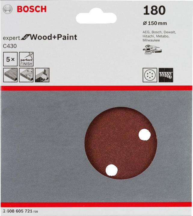 Actual product image Bosch Professional Zubehör Sanding sheet C430, 150 mm, 180, 6 holes, Velcro, pack of 5 (180)