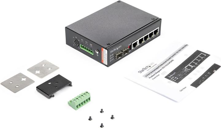 Actual product image StarTech Industrial 6 Port Gigabit Ethernet Switch - 4 PoE RJ45 +2 SFP Slots PoE+ 48VDC 10/100/1000 Power (6 ports)