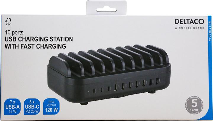 Actual product image Deltaco USB charging station, 20 W, total max 120 W - Black (12 W)