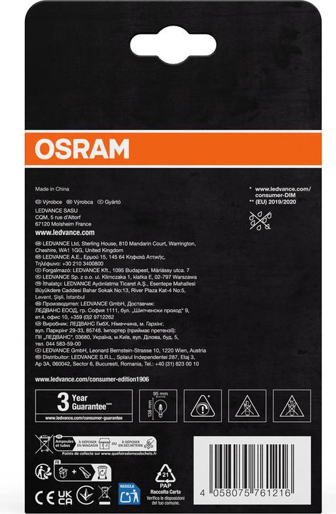 Immagine prodotto Osram Vintage 1906 LED DIM 30 7,8 W/1800 K E27 (E27, 7.80 W, 360 lm, 1 x, G)