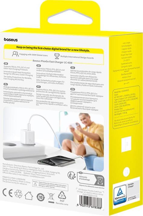 Image du produit Baseus - Wall Charger PicoGo (P10176800213-00) - GaN, Fast Charging, 45W, USB-C - Moon White (45 W, 1 portion)
