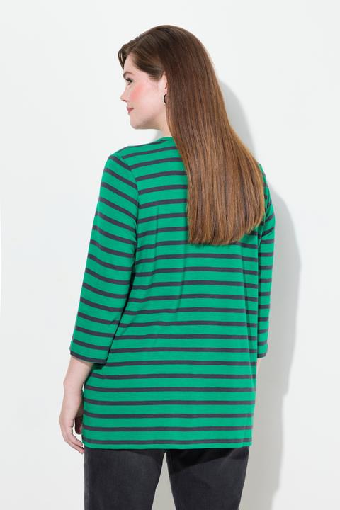 Image du produit Ulla Popken T-shirt rayé avec plis fantaisie, col rond et manches 3/4, coupe évasée (46, 48)