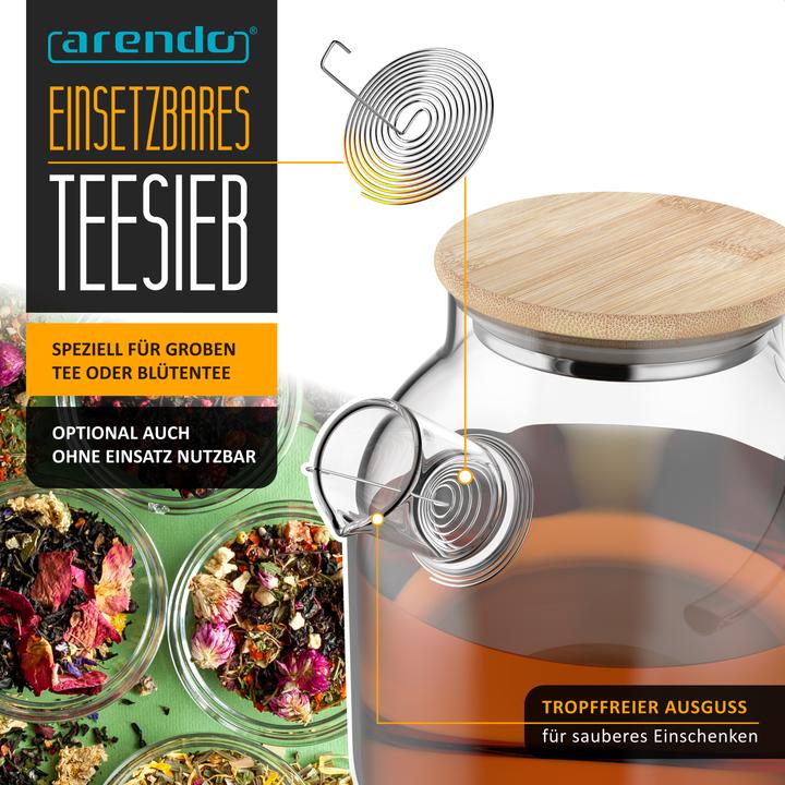 Produktbild Arendo Teekanne 1,4l,Teebereiter aus Borosilikatglas, Sieb & Bambus Deckel für losen Tee, hitzebeständig (1.40 l)
