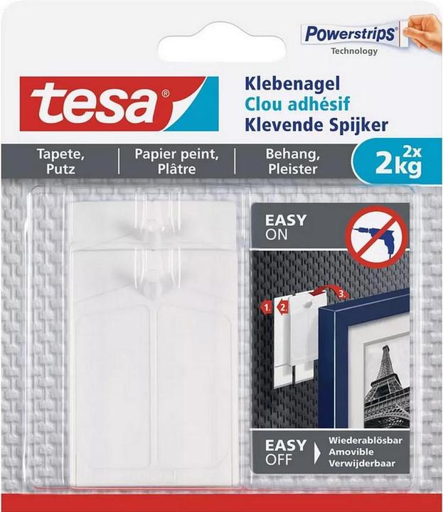 Produktbild tesa Klebenagel für Tapete & Putz, 2kg Halteleistung, spurlos ablösbar & wiederverwendbar, 6 Nägel
