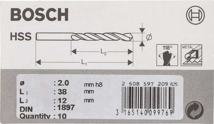 Productafbeelding Bosch Professional Zubehör HSS metaaldraaiboor 2 mm A (2 mm)