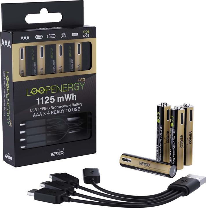 Actual product image Verico LoopEnergy 4-Pack AAA PRO - Wiederaufladbare USB-C Batterie AA 1,5V 1125mWh (750mAh) Li-Ion (4 pcs., AAA, 750 mAh)