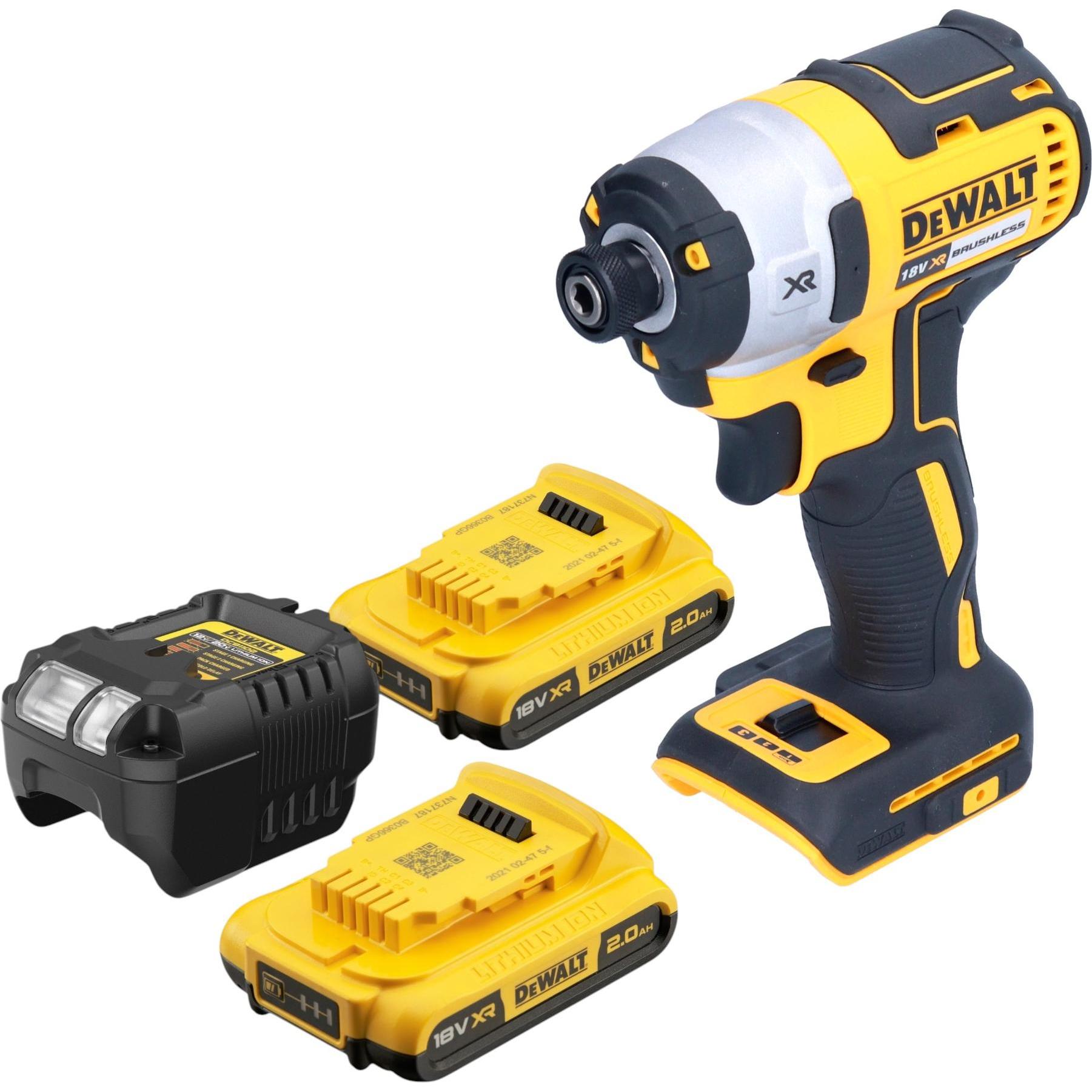 DeWalt, Bohrmaschine + Akkuschrauber, DCF 887 D2 Akku Schlagschrauber 18 V 205 Nm 1/4" Brushless + 2x Akku 2,0 Ah + Lade...