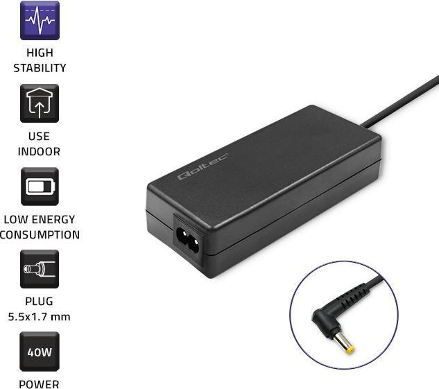 Image du produit Qoltec Adaptateur secteur pour Acer 40W | 19v | 2.1a | 5,5*1,7| + câble d'alimentation (40 W)
