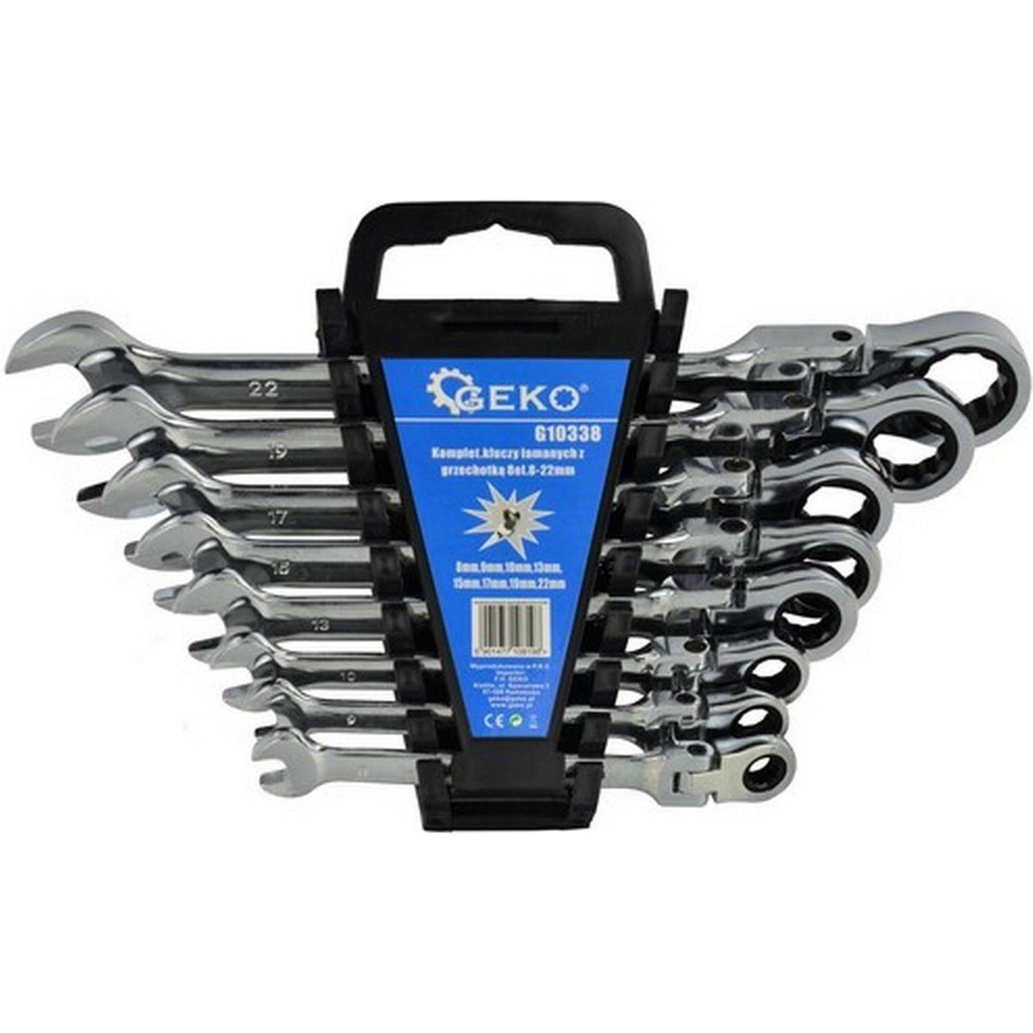 GEKO, Schraubenschlüssel, Ratschenschlüssel mit Gelenk, Satz 8-tlg., 8-22 mm, Kunststoff. -Halter (12 mm, 17 mm, 15 mm, ...