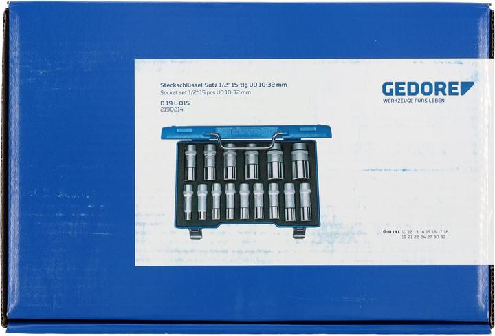 Produktbild Gedore D 19 L-015 Steckschlüssel-Satz 1/2" 15-teilig UD 10-32 mm (19 mm, 13 mm, 12 mm, 14 mm, 16 mm, 22 mm, 32 mm, 18 mm, 27 mm, 30 mm, 24 mm, 17 mm, 10 mm, 21 mm, 15 mm)