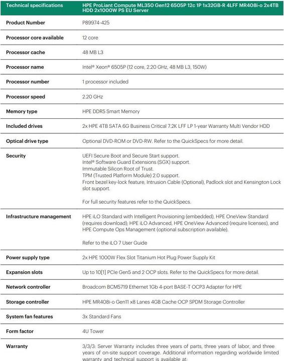 Nutritional values and ingredients HP HPE PL ML350g12 6505P (2.2/12C) 1x32G (P69728) 2x4TB 4LFF MR408i-o2x1000W 1GbE NBD333 Smart Choice (32 GB, Tower Server)