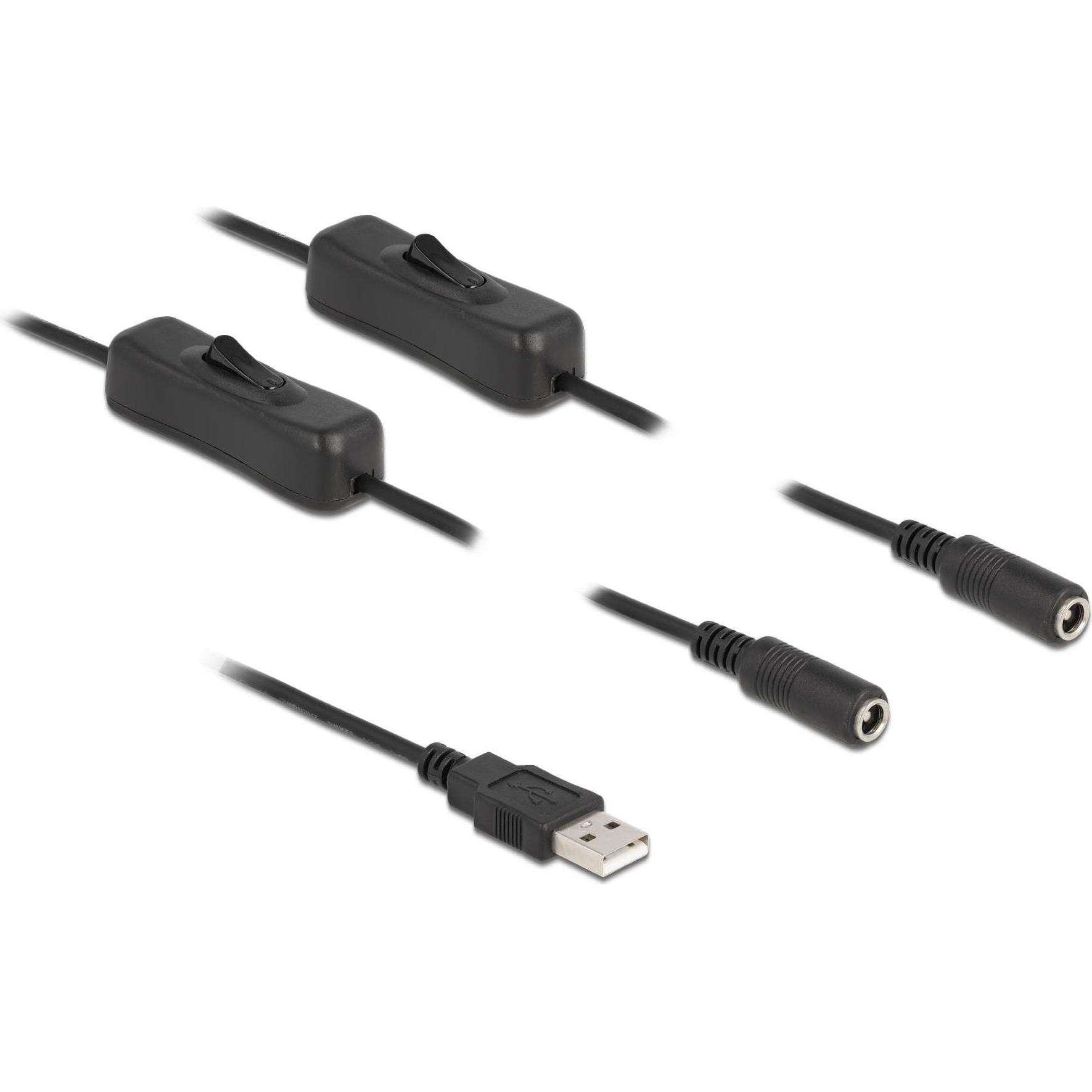 Delock Kabel USB Typ-A Stecker zu 2 x DC 5,5 x 2,1 mm Buchse mit Schalter 1 m (1 m), Stromkabel