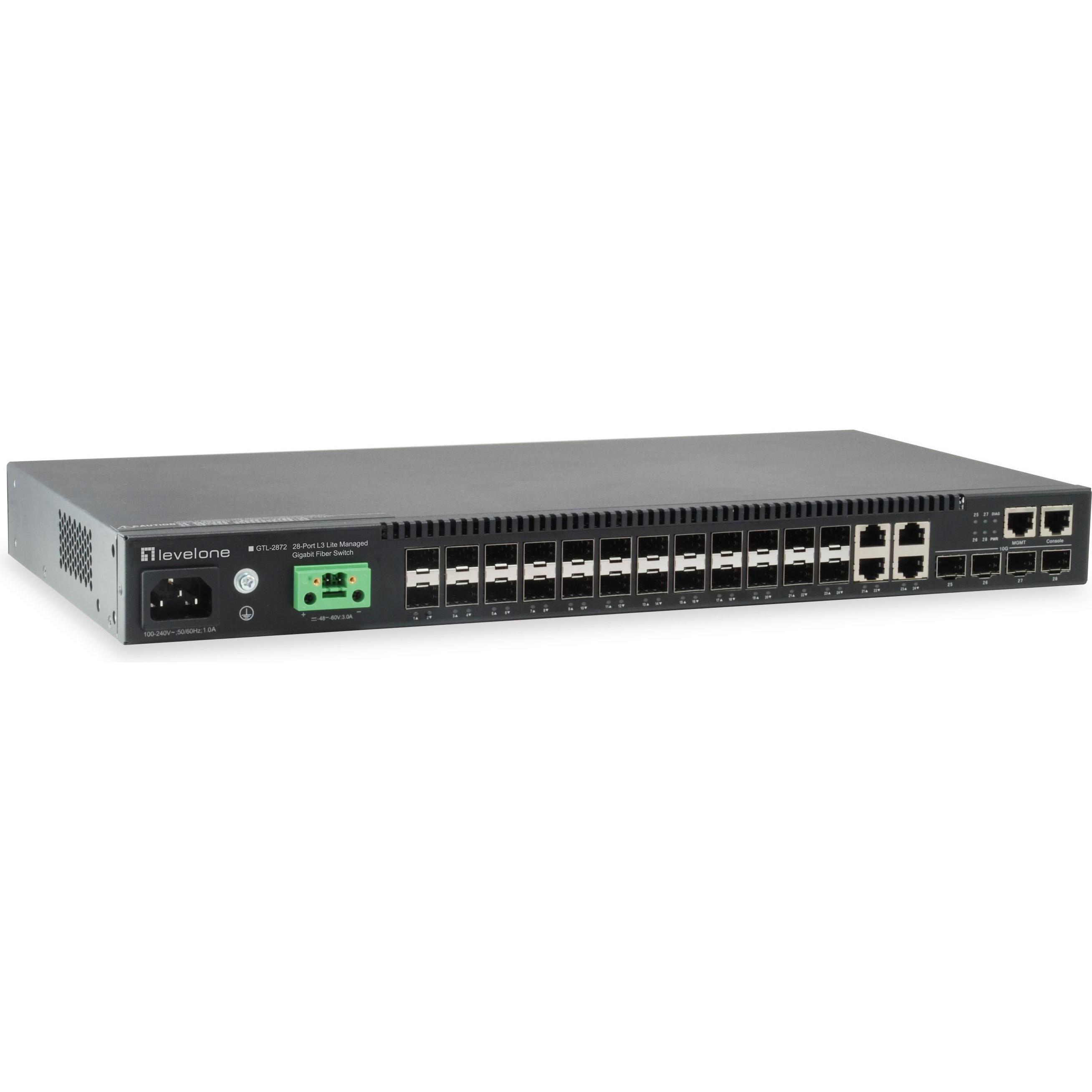 LevelOne 20 x SFP, /100/1000 RJ-45/SFP, 4 x SFP + Uplink, 1 x RJ-45 RAM, 100-240VAC (28 Ports), Netzwerk Switch, Schwarz