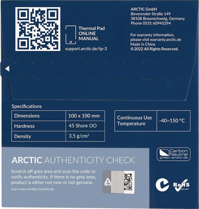 Actual product image Arctic TP-3 (100x100mm, t:1.5mm) (1.50 mm, 6 W/m K)