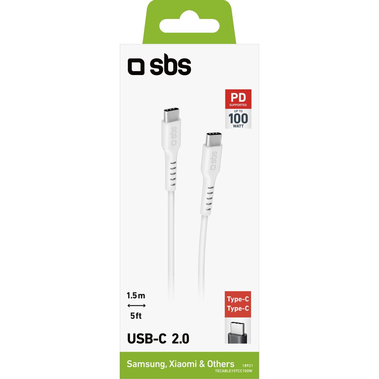 Thumbnail - SBS Lade-/Datenkabel USB-C auf USB-C 1,5m 100 W-Power weiss (1.50 m, USB 3.0), USB Kabel