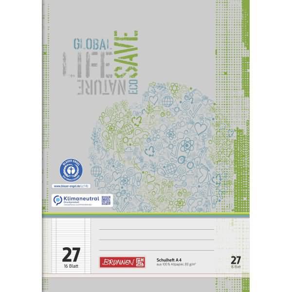 Actual product image Brunnen School exercise book, recycled, ruled 27, inside and outside margins - Office stationery (A4, Lined)
