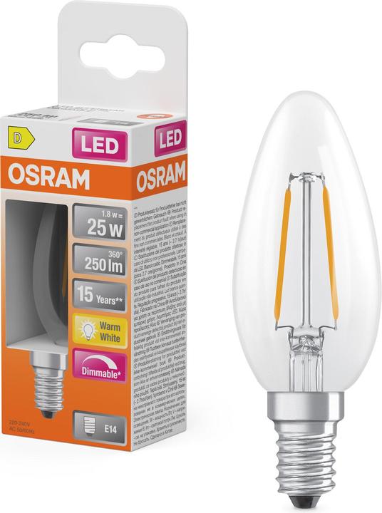 Image du produit Osram LED Leuchtmittel LED Retrofit CLASSIC B DIM 1.8W 827 Clear E14 Dimmbar Warm weiss 4099854445040 (E14, 250 lm, 6x)