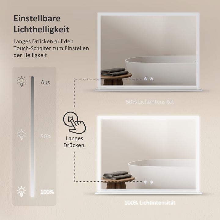Produktbild Emke Badspiegel mit Beleuchtung 60*80cm, Beschlagfrei, Kaltweiss6500Kund Dimmbar, Glasablage (80 x 12.50 cm)