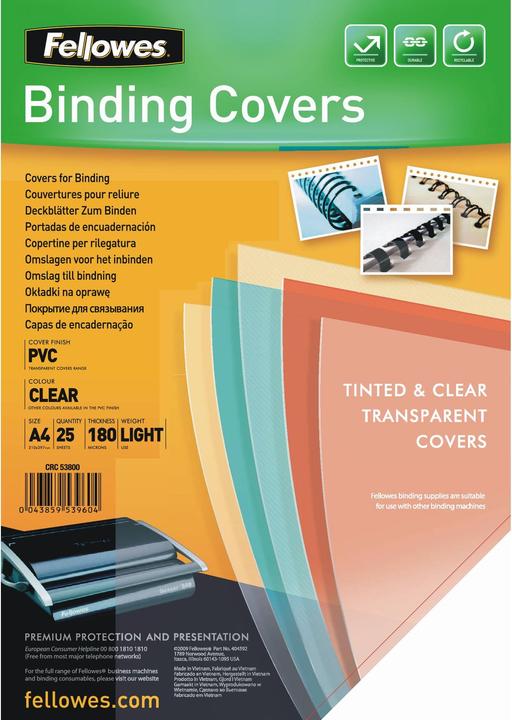 Fellowes Fogli di copertura in PVC (A4, 180 micron)