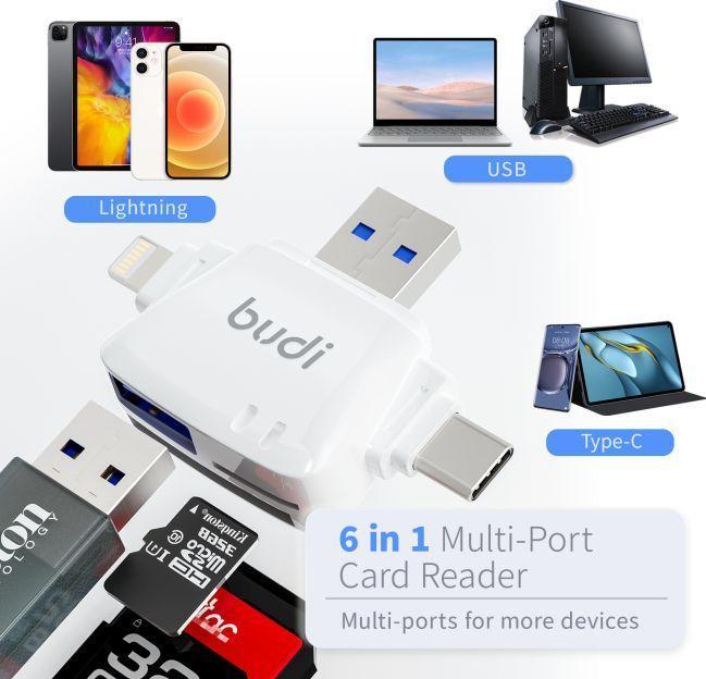 Produktbild Budi 6-in-1 Speicherkartenlesegerät mit Kartenetui & SIM Eject Pin (Lightning, USB 2.0, USB-C)