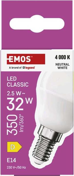 Energy Label Emos LED lamp Classic Mini Globe / E14 / 2.5 W (32 W) / 350 lm / Neutral white (E14, 2.50 W, 350 lm, 1 x, D)
