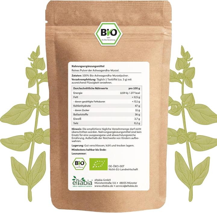 Image du produit Eltabia Poudre d'ashwagandha bio | Ginseng indien de qualité crudité et végétalien (Capsules, 200 g)