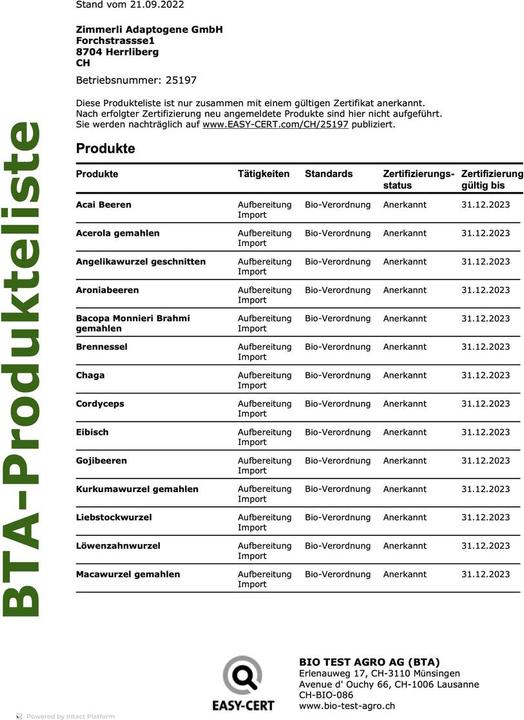 Nährwerte und Zutaten Zimmerli Adaptogene Adapto-Tee-Mix (100 g)